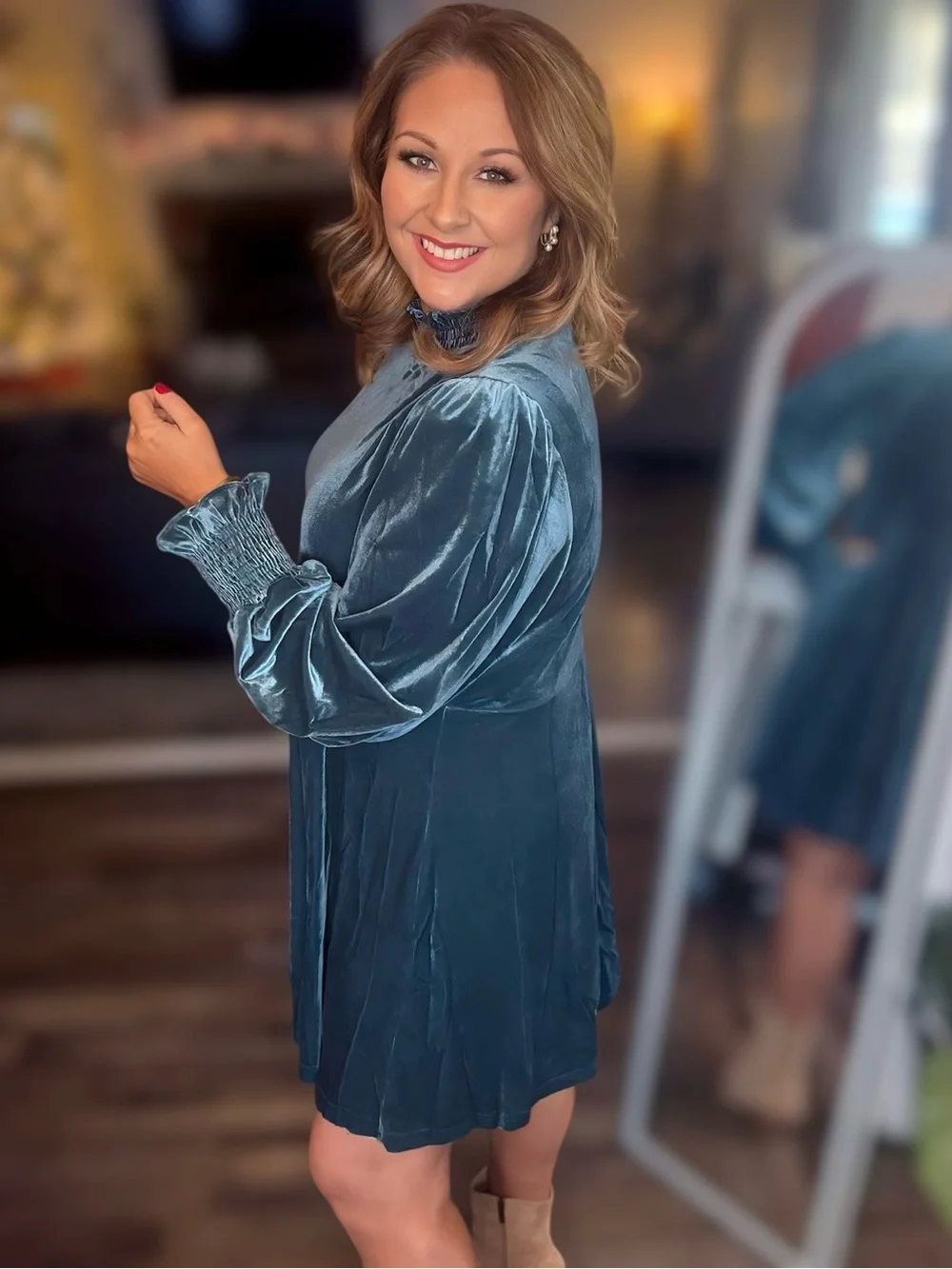 Velvet Long-Sleeve Mini Dress in Teal 3XL